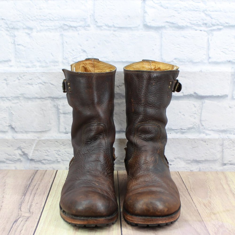 FRYE Brown Distressed Leather Buckle Strap Pull On Boots Size 7.5 D - Picture 4 of 9